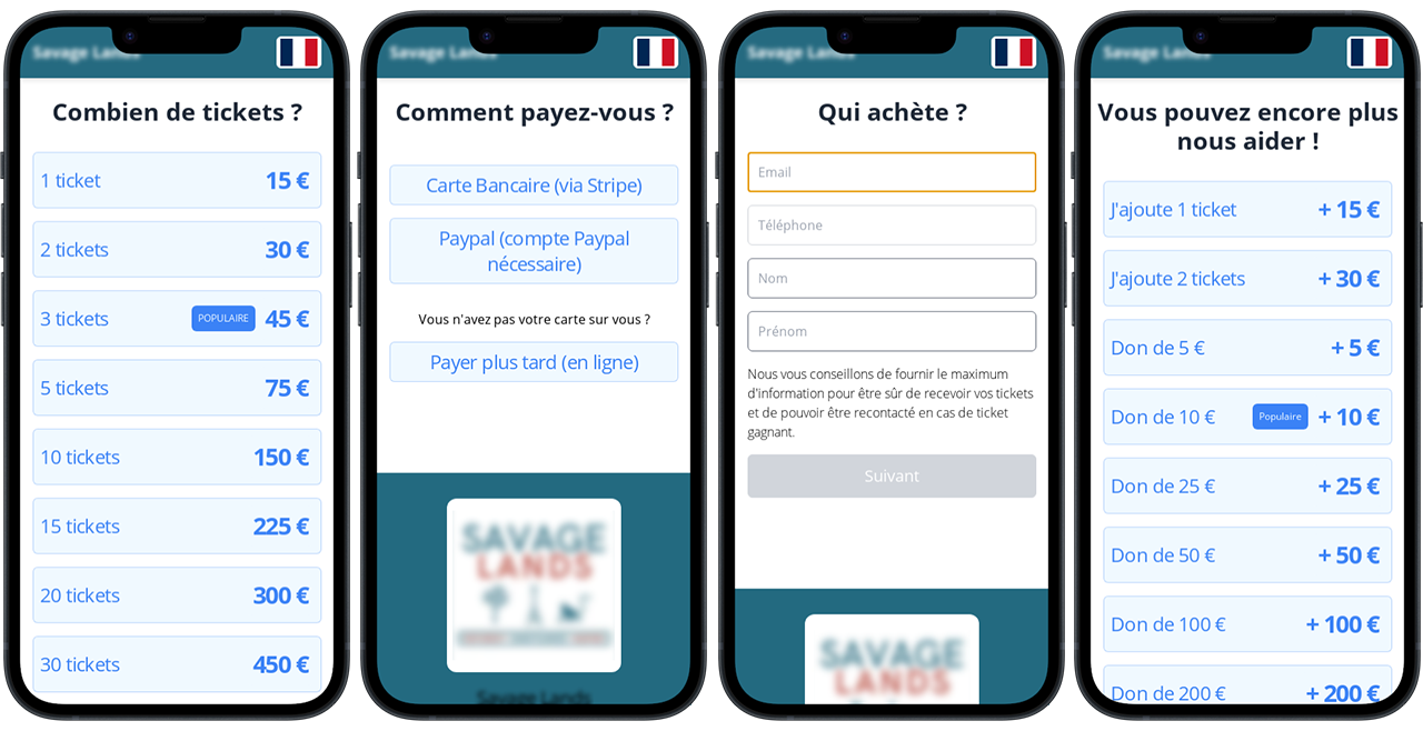 The four screens of the purchase journey on mobile: ticket quantity, payment method, buyer details, then extra tickets and donations.