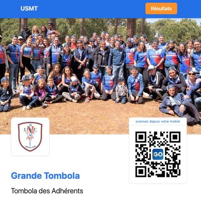 Page de vente de la « Grande Tombola » de l'USMT, avec la photo du club et son QR code.