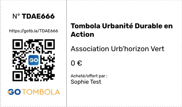 Raffle ticket no. TDAE666, priced at 0 €, issued for the “Tombola Urbanité Durable en Action” of the Urb’horizon Vert association in the name of Sophie Test, with its verification QR code.