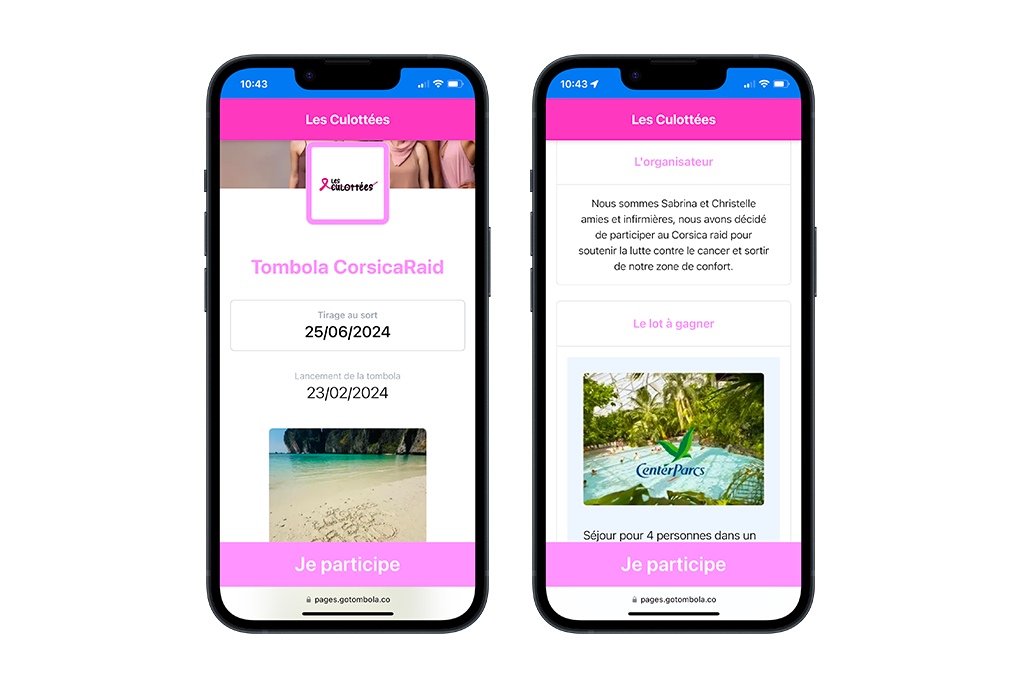Deux smartphones affichant la tombola CorsicaRaid des Culottées : la page de vente avec la date du tirage, puis la présentation du séjour à gagner.
