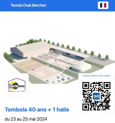 Page de vente de la tombola du Tennis Club Bercher, illustrée par le projet de nouvelle halle.