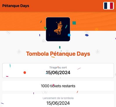 Sales page for the Pétanque Days raffle, with its orange banner.
