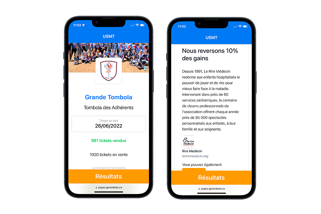 Deux smartphones affichant la page de vente de la Grande Tombola de l'USMT et son engagement à reverser 10 % des gains.