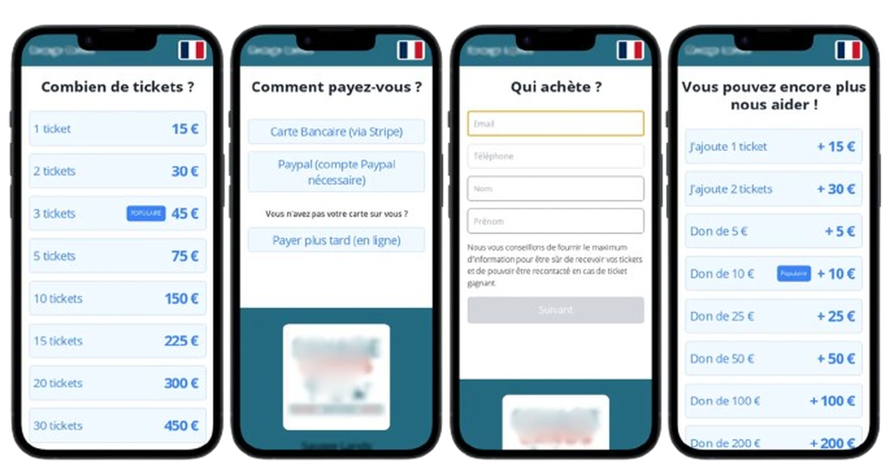 Quatre écrans de smartphone montrant le parcours d'achat : choix du nombre de tickets, choix du moyen de paiement, saisie des coordonnées, puis proposition de dons complémentaires