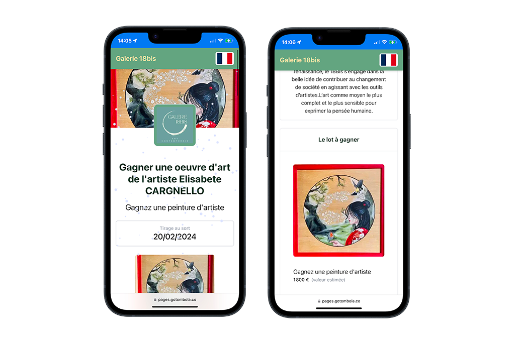 Zwei Smartphones mit der Verkaufsseite der Galerie 18bis, die ein Werk der Künstlerin Elisabete Cargnello verlost.