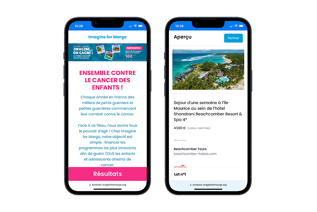 Two smartphones showing the Imagine for Margo charity raffle: the page presenting the cause, then the detail of a prize offered by a partner.
