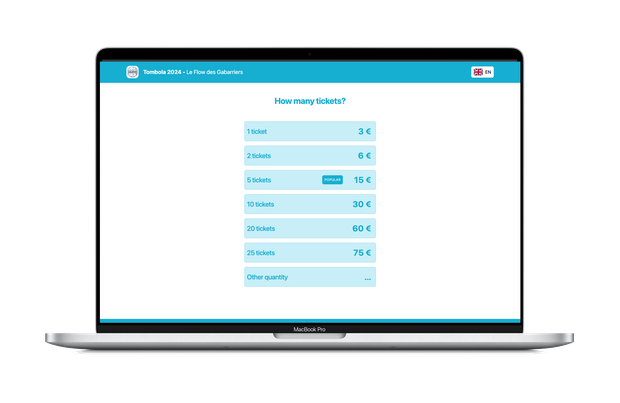 The ticket quantity step shown on a laptop, from 1 to 25 tickets with their prices.