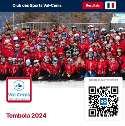 Page de vente de la tombola 2024 du Club des Sports Val-Cenis, avec la photo des jeunes skieurs.