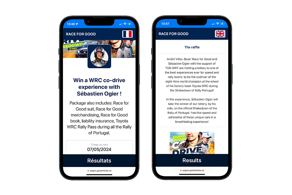 Two smartphones showing the Race for Good sales page, offering a WRC co-driver experience with Sébastien Ogier.