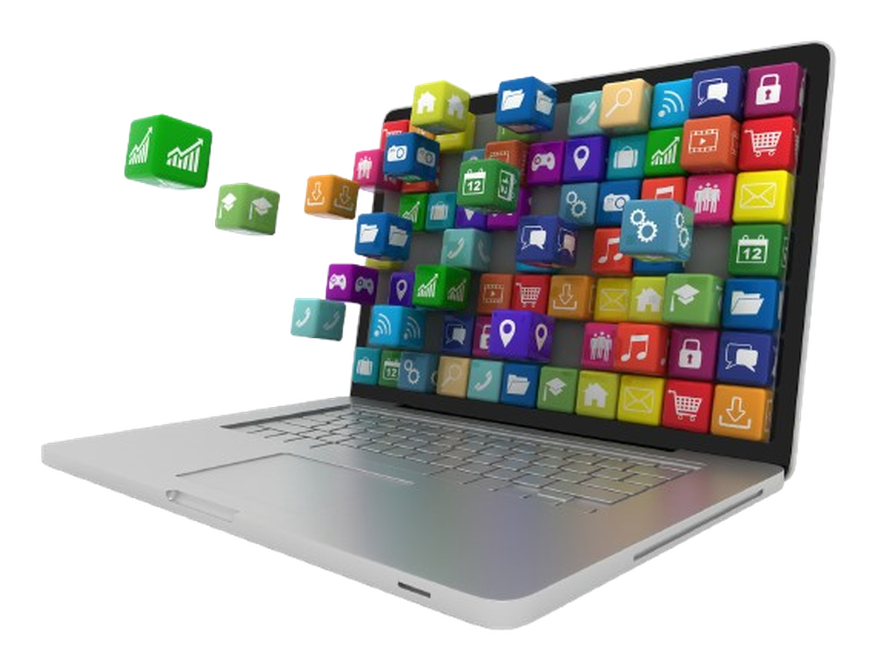 Geöffneter Laptop, aus dem bunte Würfel als Symbole für Anwendungen herausfliegen